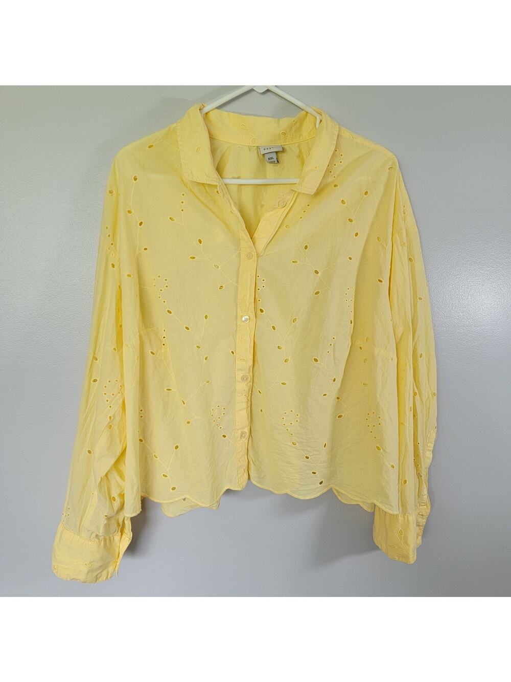 Butter Yellow Eyelet Blouse Sz XXL Cottagecore Scalloped Cropped 100% Cotton